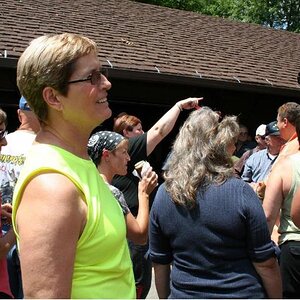 Ann talking to Our American Dave during the drawing at Lamont's BBQ.