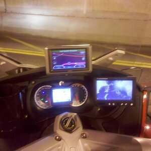 Mods Complete & in ACTION
Right side for Rear View Camera LCD
Left side for Much Desired Cup-Holder
Ram Mount to top dash for Garmin Zumo 665