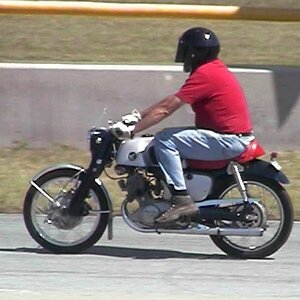 Me on my CB92R at Mid-Ohio 2002
The last time this bike saw this track was in 1968, when I crashed in practice.