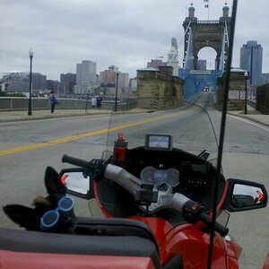 Teds Red Sled in front of the Roebling Suspension Bridge