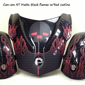 Matte Black RT flames with Red outline.. Easy to install and creates a custom look.
Just peel and stick..