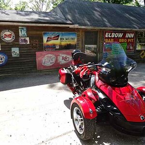 Outside the Elbow Inn at Devil's Elbow. 
At this "biker bar" they were having an Easter Egg Hunt for employees children.