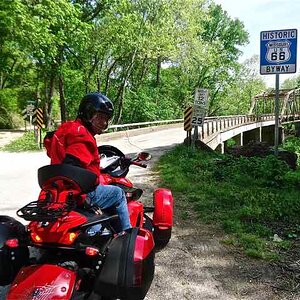 On Route 66 near Devil's Elbow, Missouri with the historic bridge in the background.