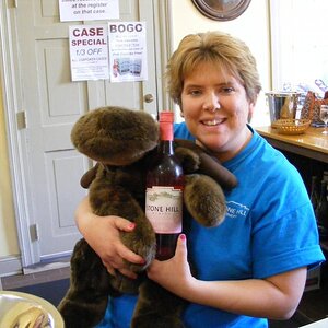 Moosie making friends and sippin' wine at Stone Hill Winery in Herman.