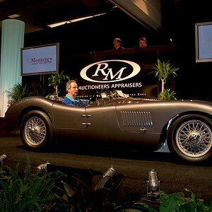 GaryTheBadger drives 1952 C-type Jag across RM Auction block in Monterey, CA