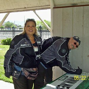 Ruth and Doc signing banner.  They may be Harley riders, but were very impressed with the Spyder.