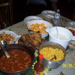 Crawfish etouffe, fried shrimp, fried fish, veggies...we won't say who sat in THAT chair.  Lake Arthur, LA.