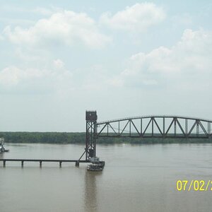 Morgan City, LA railroad drawbridge in up (open) position.