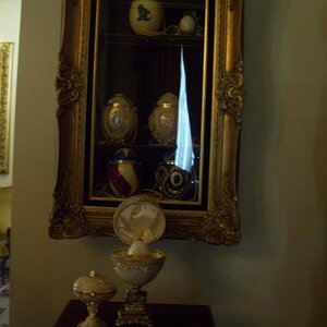 These are Emu eggs. The ones in the glass case are purses complete with straps, lockets on the outsides, and of course jewels.