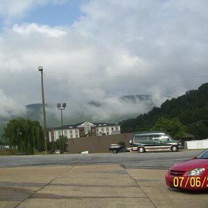 Outside the hotel room after breakfast; Chattanooga, TN outskirts.