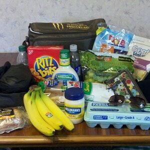 Cooler, lettuce, shredded cheese, ranch dressing, loaf of bread, mayo, grapes, bananas, ritz bitz, hoagie, eggs, tums, wallet, hoodie, sunglasses, sun