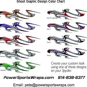 Ghost graphic Color Chart- Choose from one of these effects for your Spyder.  Contact us- 814-838-6377  Email:  pete@powersportswraps.com