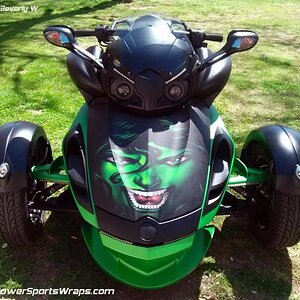 She Hulk frunk wrap for Spyder RS-S.  We used a matte laminate to match the finish on the machine.  What can we design for your Spyder?  814-838-6377