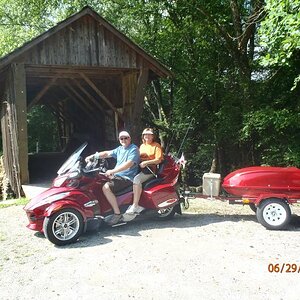 Red in front of the Oldest Covered Bridge in GA
