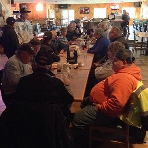 Enjoying a late breakfast early on our ride.