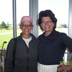 Jennifer and Leona (one of the docents ) at Le Village Historique Acadien in Pubnico, NS.