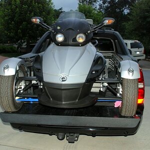 Avalanche towing Spyder. Four straps hold it firmly in place.
