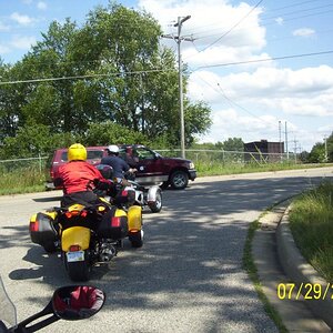 Dan, Nancy (yellow) heading the parade to lunch.