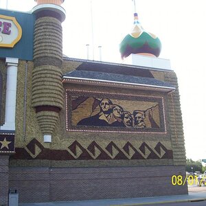 Shot of the Mount Rushmore mosaic made of corn.