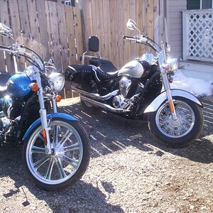My ex husband's 07 Kawasaki Vulcan 900 Custom & my 07 Kawasaki Vulcan LT. My first brand new bike, well, ANYTHING! He still has his, I'm on my 3rd sin
