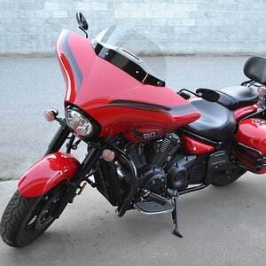 This is my husband's ne ride. This is Fraser, he's a 2015 Yamaha 1300 V-Star Tourer Deluxe. Ain't he a beaut? ;)