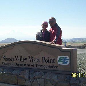 Lighting blends the clouds and top of Shasta, but it is there.