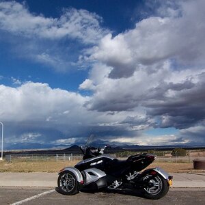 On the road to Santa Fe, NM. 
Snow and rain in the mountains. Temperatures from the 70's to the mid-30s - a great test for the Winter Riding Gear.