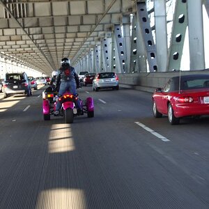 Standing on my spyder while riding across the San Francisco Bay bridge. :-)