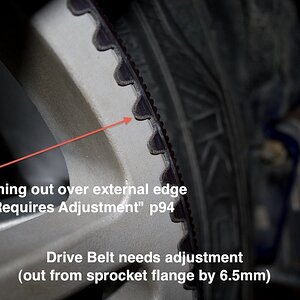 Spyder belt needsadjustment 5 -Drive Belt needs adjustment (out from sprocket flange by 6.5mm) - Page. 94 (Owners Manual)