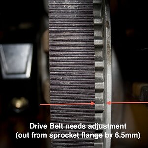 Spyder belt needsadjustment 4 - Drive Belt needs adjustment (out from sprocket flange by 6.5mm) - Page. 94 (Owners Manual)