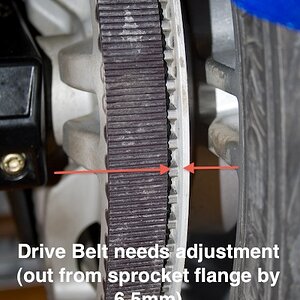 Spyder belt needsadjustment 3- Drive Belt needs adjustment (out from sprocket flange by 6.5mm) - Page. 94 (Owners Manual)