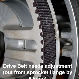 Spyder belt needsadjustment 2- Drive Belt needs adjustment (out from sprocket flange by 6.5mm) - Page. 94 (Owners Manual)