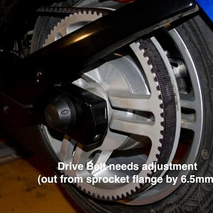 Spyder belt needsadjustment 1- Drive Belt needs adjustment (out from sprocket flange by 6.5mm) - Page. 94 (Owners Manual)