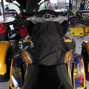 View from rear with rain cover on bag