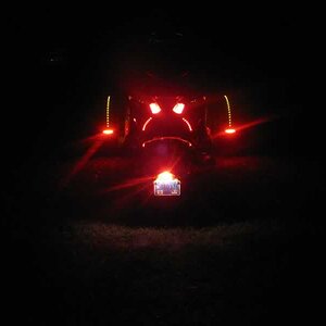 Rear view of red LED lights under seat that function as running and brake lights, along with Fenderz and ESI Mud Flap Lights.