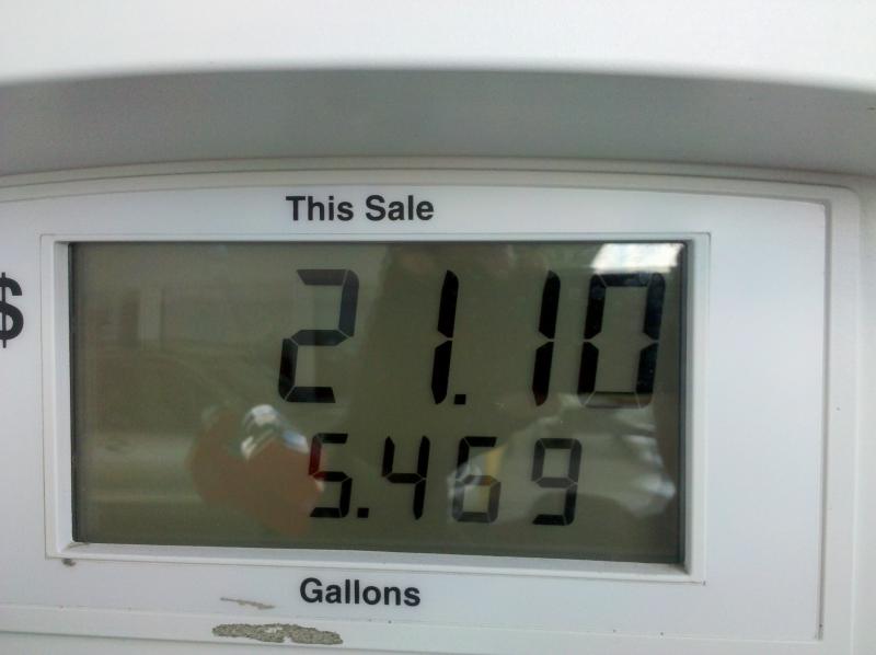 1st fill-up on way to Maggie Valley while pulling Moto-Mate Camper