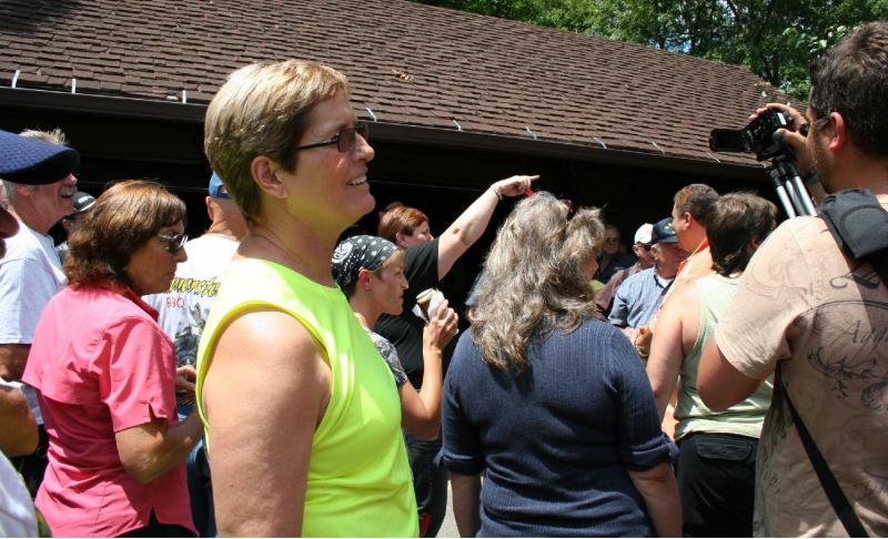 Ann talking to Our American Dave during the drawing at Lamont's BBQ.