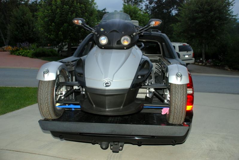 Avalanche towing Spyder. Four straps hold it firmly in place.