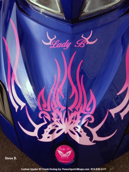 Butterfly RT Frunk: This is a close up view of the custom Spyder RT Butterfly graphics kit we created for our customer Steve. Contact us with your Gra