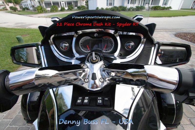 Can-am Spyder RT 12 piece Chrome Dash kit. Peel & stick Apply... NO DRILL. Many patterns and colors to choose from. PowerSportsWraps.com