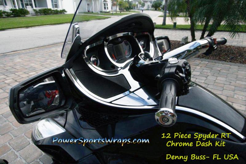 Chrome Dash kit for Spyder RT model. Chose from: Carbon fiber, chrome, wood, colors or custom.. contact us for detals: pete@powersprotswraps.com