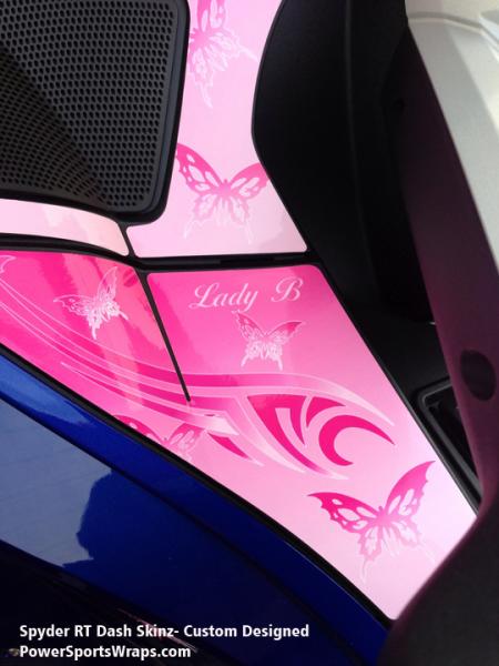 Close up Dash skinz- Custom 12 piece dash skinz. We created this kit to match the graphics we created for the Spyder RT kit.