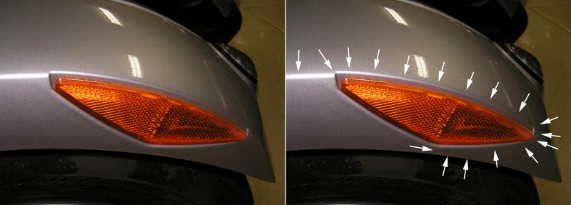 close up, hand cut around fender reflector