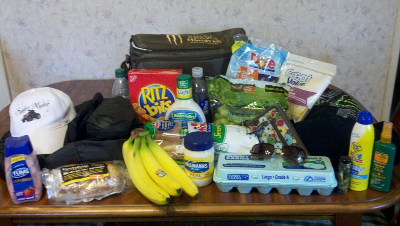 Cooler, lettuce, shredded cheese, ranch dressing, loaf of bread, mayo, grapes, bananas, ritz bitz, hoagie, eggs, tums, wallet, hoodie, sunglasses, sun