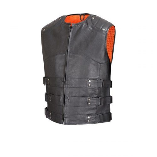 Crew Collar Leather Biker Vest w/ Extra Large Side Tabs & Mesh Lining MBV103

Designed with shiny metal studs and extra-large tabs at each side, this 