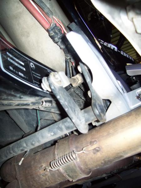 Foot brake. Right side showing linkage from below