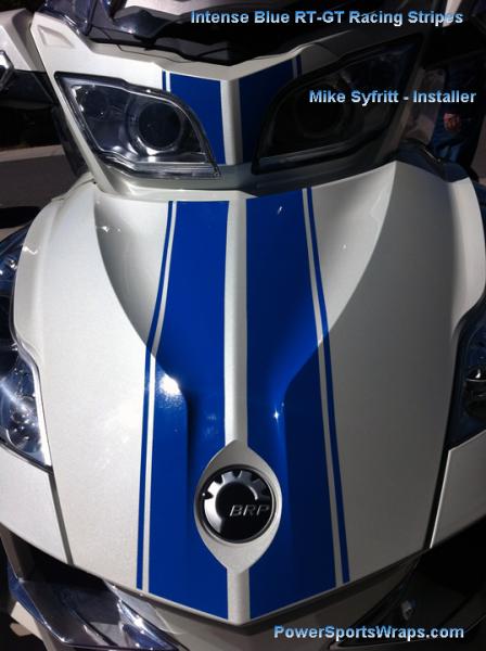 Front close- RT-GT Racing stripe kit produced in Intense Blue.