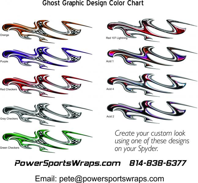 Ghost graphic Color Chart- Choose from one of these effects for your Spyder.  Contact us- 814-838-6377  Email:  pete@powersportswraps.com