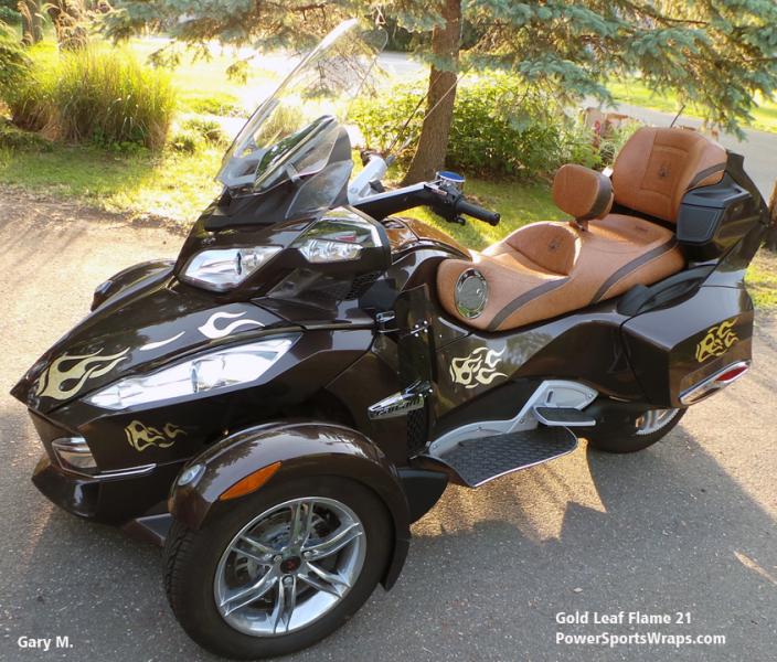 gold leaf flames 21  mounted on a Lava RT & wow what a classy look it adds to this color machine.. Email: pete@powersportswraps.com