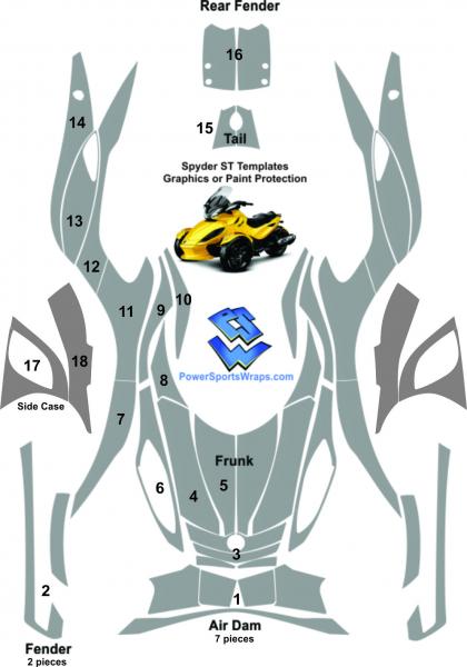 Here is our schematic of pre-cut panels for the Spyder ST. We can incorporate graphics or patterns within these panels to create a custom look just fo
